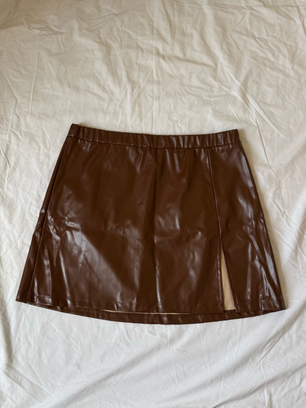 SHEIN Chocolate Brown Faux Leather Mini Skirt with Side Slit